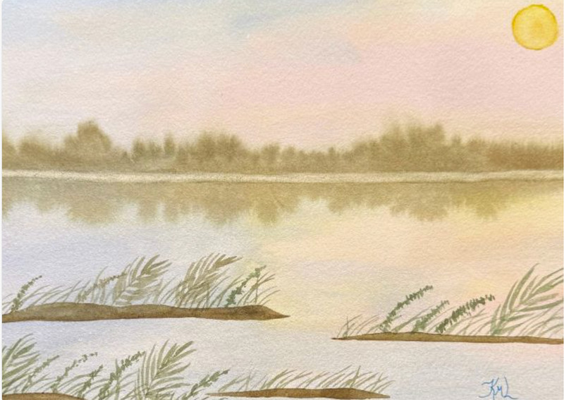 PAINTING WATERCOLOR 11X14 & DOUBLE MAT 16X20 SUNSET MARSH SALTMARSH ORIGINAL ART
