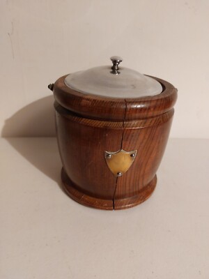 Vintage Eiskübel aus Holz mit Keramikintarsien, Deckel, Griff und Schild. #B5