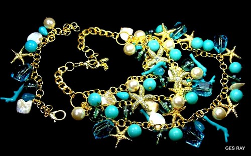 South Beach Jewelry Set Necklace Bracelet Turquoise Pearls Shells, Amrita Shing - Picture 5 of 13