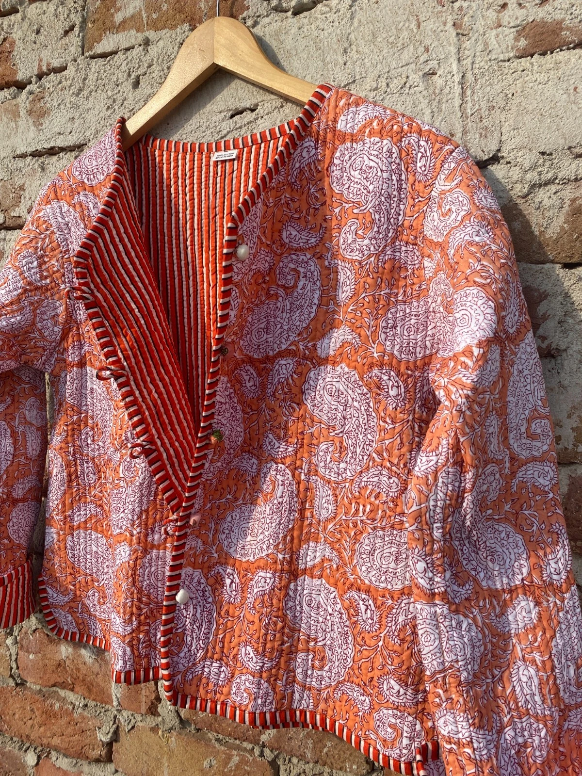Indian Peach Paisley Floral Cotton Quilted Unisex Jacket Women's Clothing Jacket