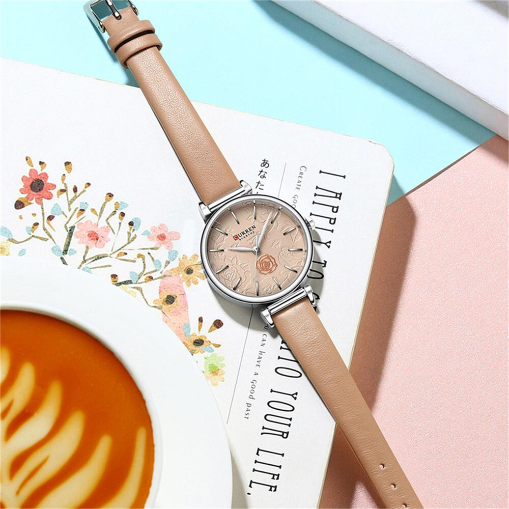 CURREN Women Watch Fashion Female Red Leather Wristwatch Girls Ladies