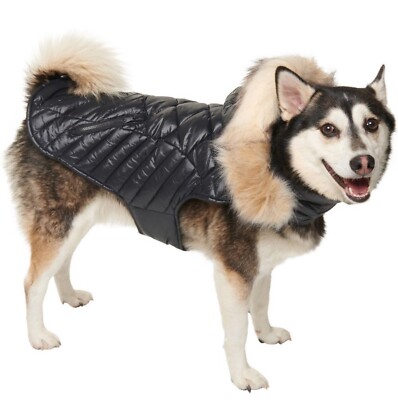 Pajar Pup Zola Quilted Dog Jacket w/ Faux Fur Hood In Black Sz