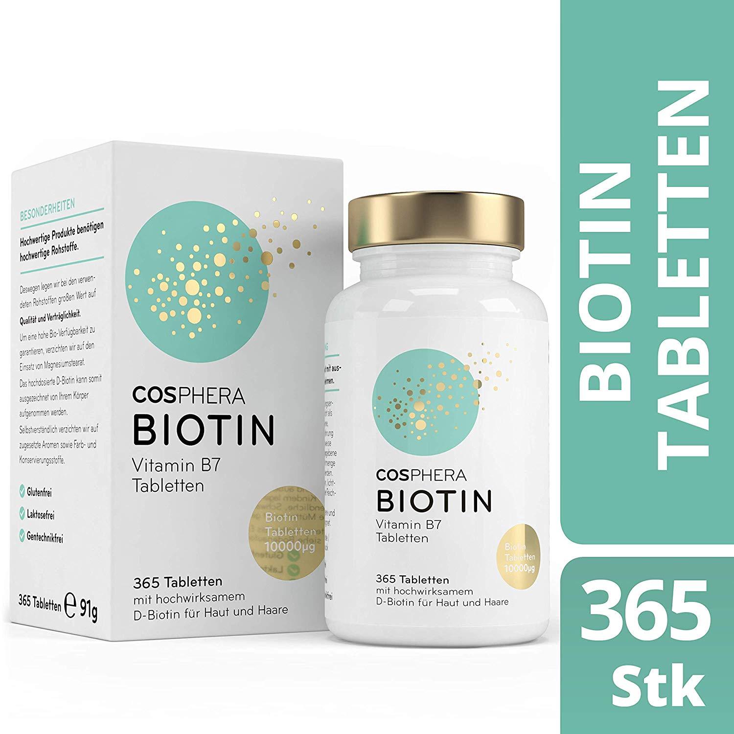 218,6€/Kg Cosphera Biotin Hochdosiert 10.000 mcg D-Biotin 365 vegane Tabletten