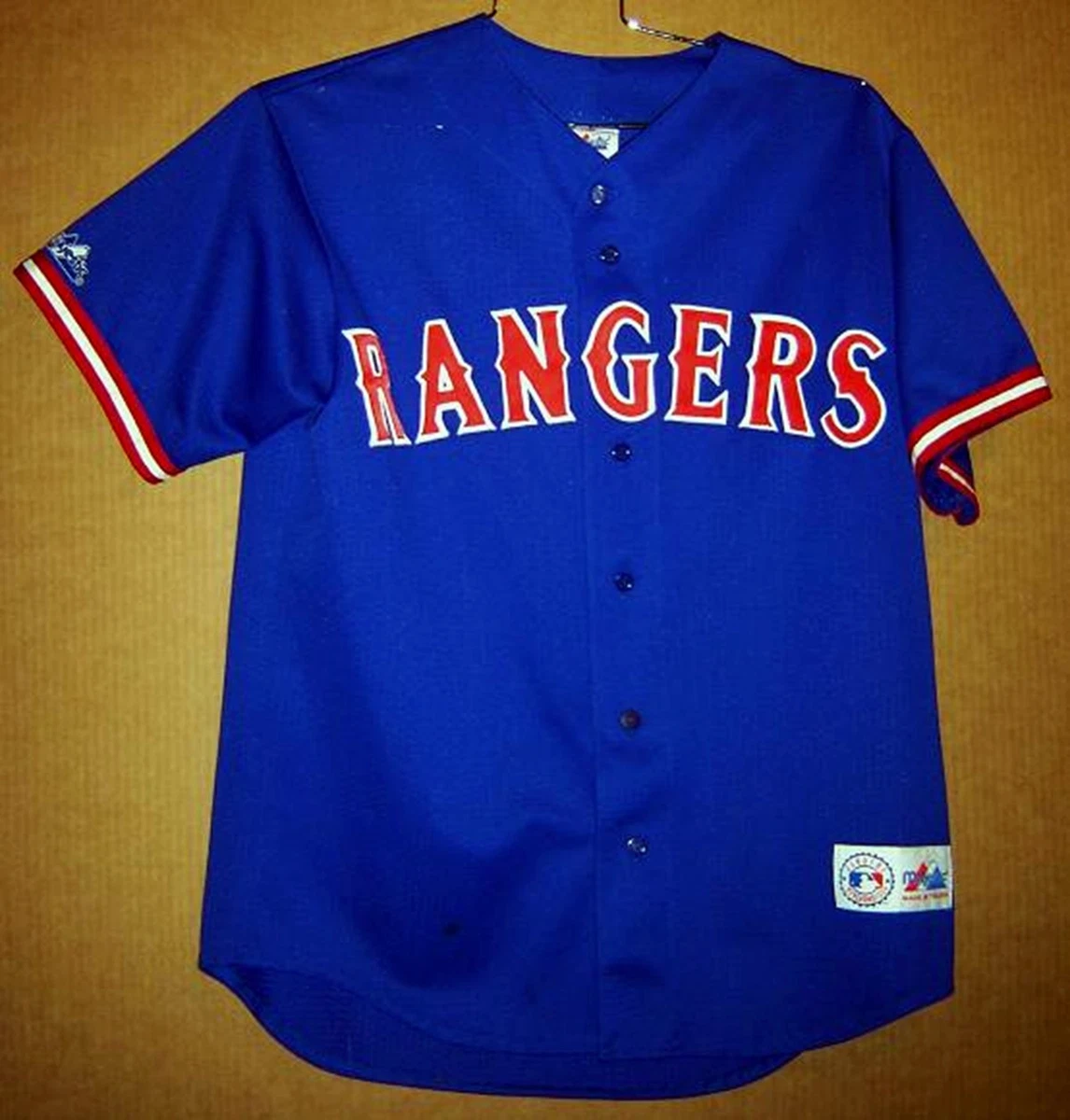 TEXAS RANGERS 1994-2000 Era Blue BATTING PRACTICE No #s Size L Majestic  JERSEY