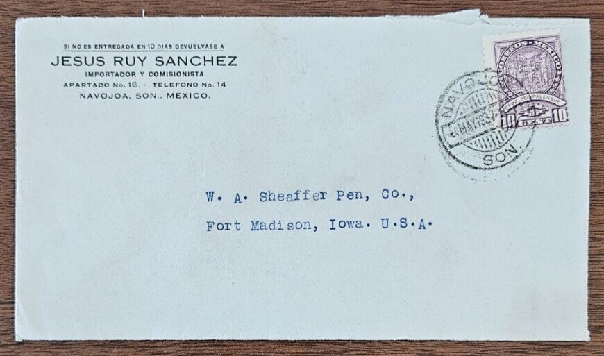 1937 Mexico to USA Cover 10 cent posted Navojoa, Sonora to Ft. Madison, Iowa