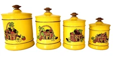 Vtg 4 Piece Yellow Kromex Canister Set Fruit Basket Pattern Retro Mid Century