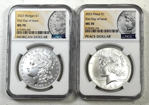 2023 Morgan Peace Silver Dollar 2PC NGC MS70 FIRST DAY OF ISSUE FDOI