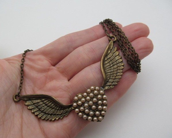 Antiqued Brass Pattern Wings Beaded Heart Wide Pendant Long Chain Necklace View 2