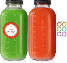 32 Oz Glass Juice Bottles with Lids 2 Pack - Square Reusable Drinking Jars for J