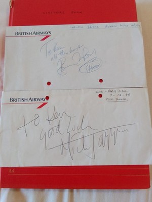 Rolling Stones MICK JAGGER + RONNIE WOOD Autographs Signed British Airways pages