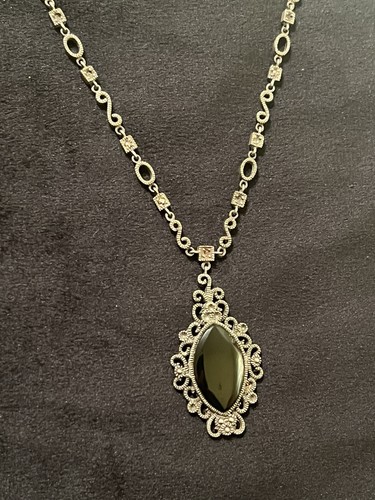 Victorian Style Sterling Silver Vintage Onyx And Marcasite Necklace