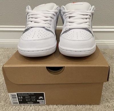 Nike SB Dunk Low Pro Triple White Size 9.5 FJ1674-100 Orange Label