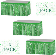 3pc Christmas Table Skirt Green Tinsel Fringe 29.5"x105" Metallic Decor Xmas