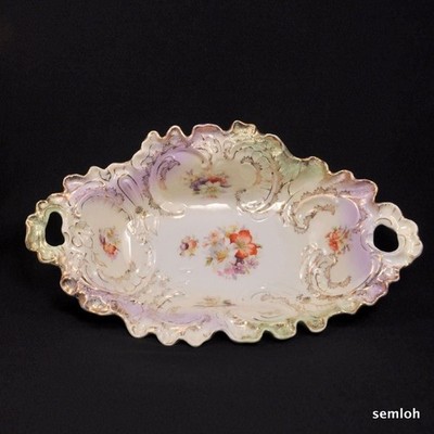CT Tielsch Altwasser Embossed Oval Bowl Hand Painted  Florals w/Gold 1875-1900