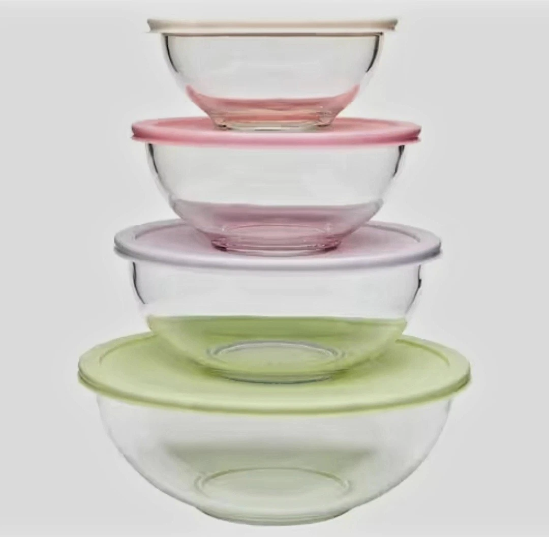 Crofton 4 Pack Glass Mixing Bowl Set with Lids, Assorted Colors, Oven Safe