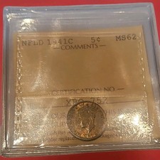 Graded 1941c Newfoundland 🇨🇦 5c Silver Fishscale Nickel George VI ICCS MS62