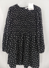 Ganni Dress 4 Mini Hampden Smocked Crepe Lined 36 Polka Dot Black White NEW