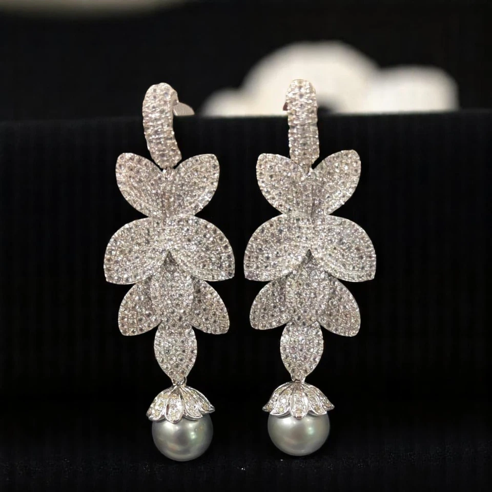 Pavé 56,10 Karat Weißer Saphir Perlen Blumen motiv Baumeln Ohrringe 18K Weißgold - Bild 3 von 4