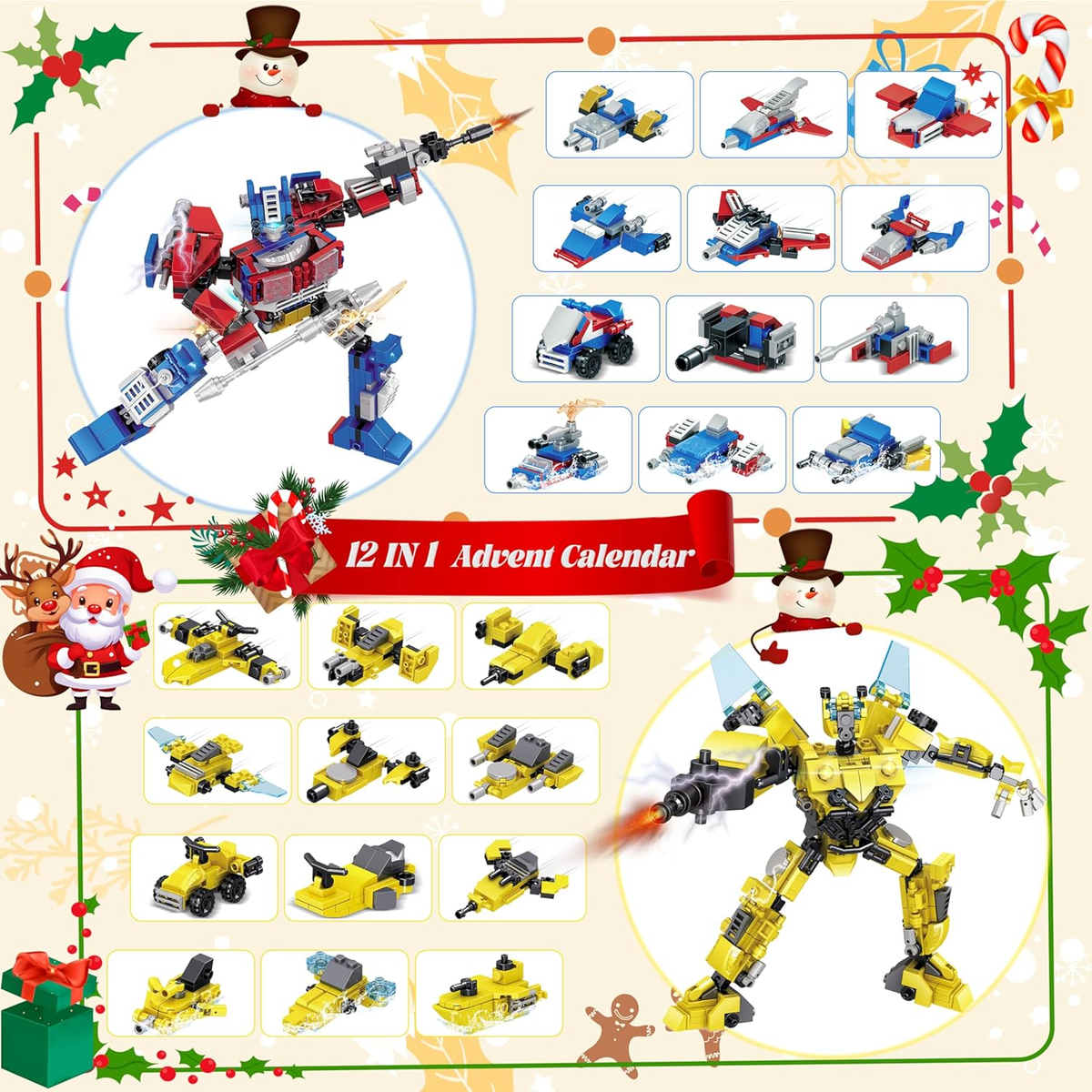 Advent Calendar 2025-24 Packs Transform Robot Building Blocks, 12