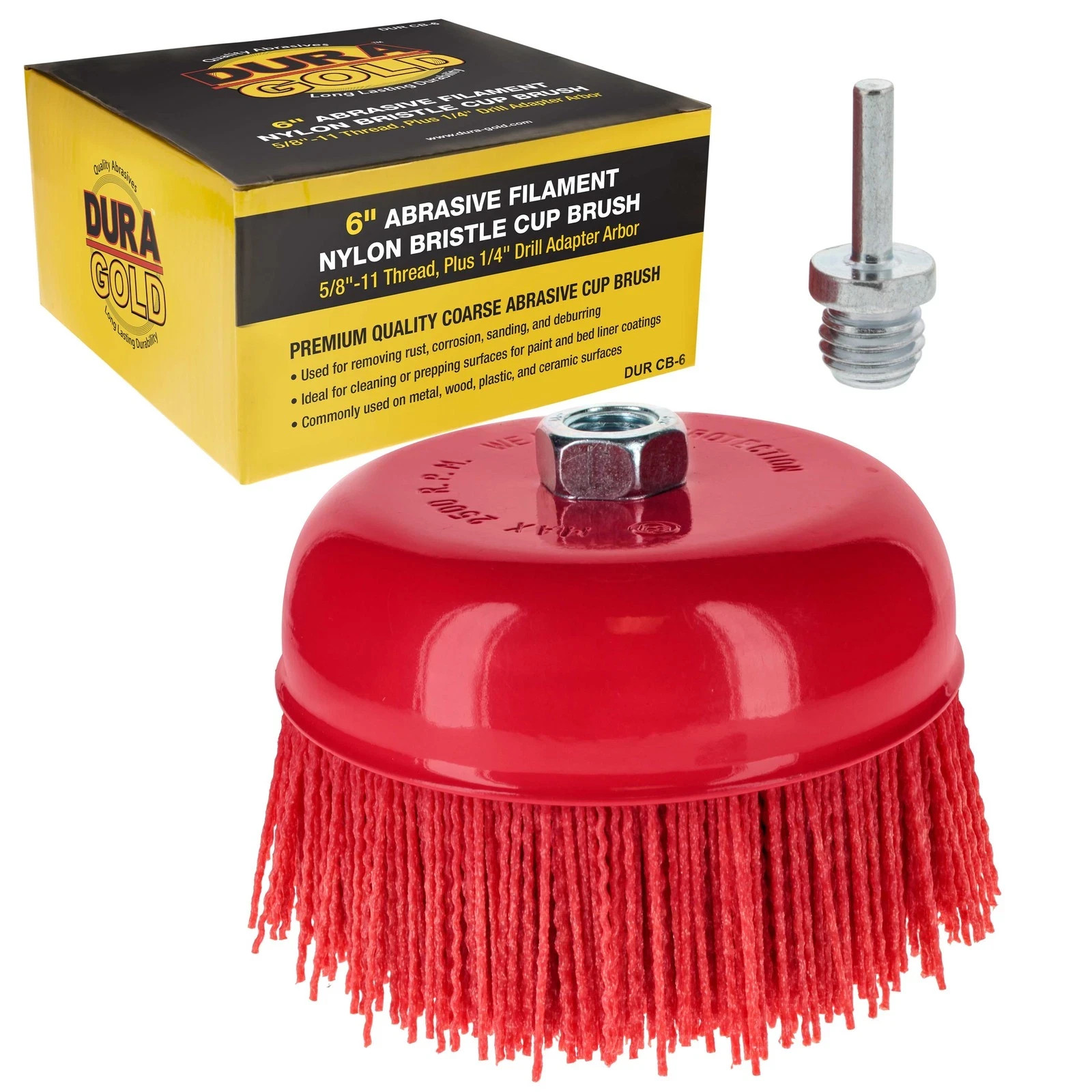 Abrasive Nylon Bristle Cup Brush, 6”, Sanding Scuffing, 5/8" Thread 1/4"
