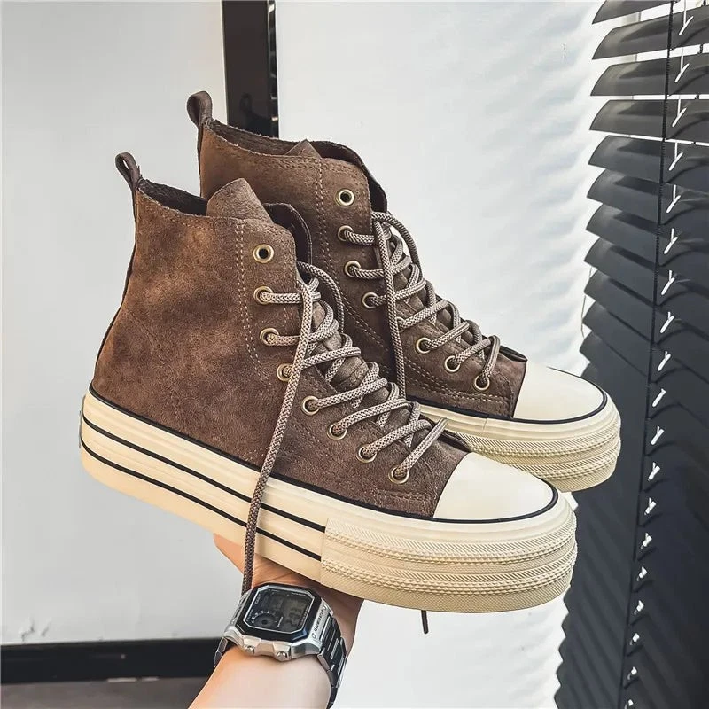 High Top Casual Sneakers for Men Vintage Brown Ankle Boots Thick Sole