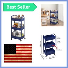 3-Tier Plastic Rolling Utility Cart with Wheels for Storage,Blue