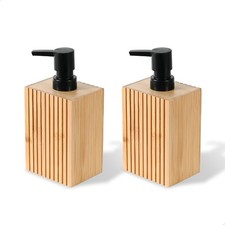 2Pk 10oz Natural Bamboo Soap and Lotion Pump Dispenser Wooden Bathroom Accessory