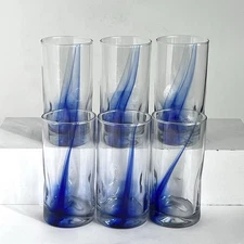 Set of 6 VTG LIBBEY Crisa Blue Ribbon – 16 oz Tumbler Style Glasses Barware