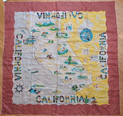 Eureka! RaRe VinTagE SILK SCARF CALIFORNIA BEAR STATE MAP Hand Rolled Ornate