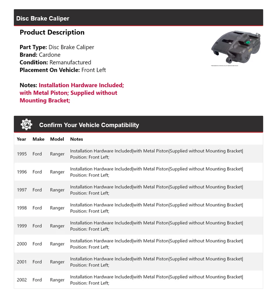 Pinza de freno de disco delantera izquierda cardone 1996 1997 1998 para Ford Ranger 1995-2002 Foto 2 de 4