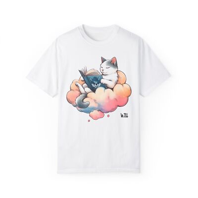 Unisex Garment-Dyed T-shirt, a cat reading a book, on a cloud