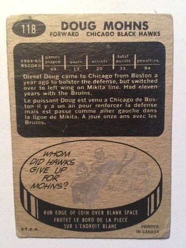 1965 - 66 Doug Mohns # 118 Black Hawks- (Reduced!) - Picture 2 of 2