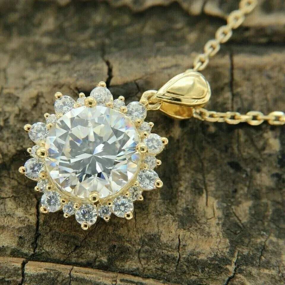 Collar colgante enchapado en oro amarillo de 14 quilates de 4 quilates corte redondo circonita cúbica boda flor halo 18 Foto 2 de 4