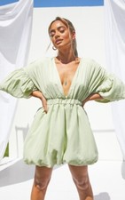 PrettyLittleThing Pistachio Puff sleeve Puffball Hem Shift Dress, Size 4