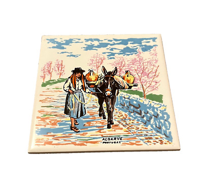 Traditional Algarve Azulejo Tile Portugal   Ceramic Wall Art with Donkey Scene
