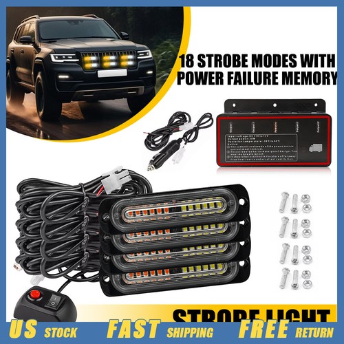 18 LED Amber/White Strobe Emergency Warning Light Bar - For Car, Truck, SUV Grille Or Deck