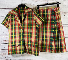 Vintage Plaid Jacket Skirt Set Handmade 1960s or 1970s Retro Green Red Yellow