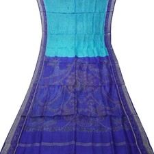 Vintage Blue Sarees 100 Pure Silk Printed Zari Border Sari 5YD Craft Fabric