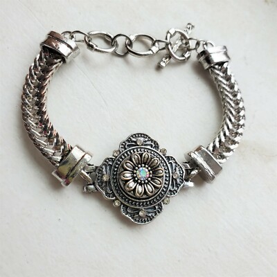 Silver Tone Braided Chain Bracelet AB Daisy Interchangeable Snap Charm Toggle