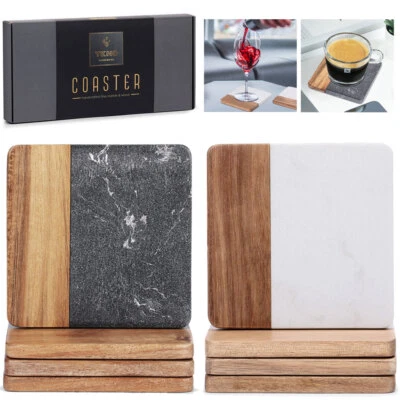 TKNO HOMEWARE 4pcs Coasters for Drinks Natural Marble Stone & Wood Dining Table Drinks Mat Set