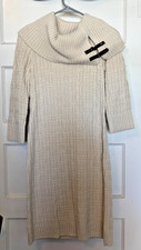 Sandra Darren Cozy Cream Knit Sweater Dress with Cowl Neck Size S