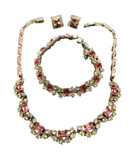 Vintage BOGOFF Pink & White Rhinestone Parure Necklace Bracelet & Clip Earrings