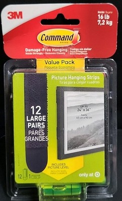 3M Command Strips 12 Large Picture Poster Hanging Black Includes Level 1 New pk