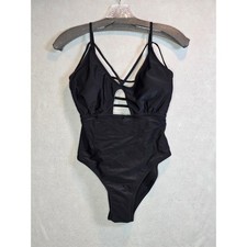 Black Strappy Caged One Piece Swimsuit Cutout Monokini Size L 0001207