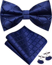 Mens Plaid Checkered Bow Tie Handkerchief Jacquard Woven Adjustable Pre-Tied Bow