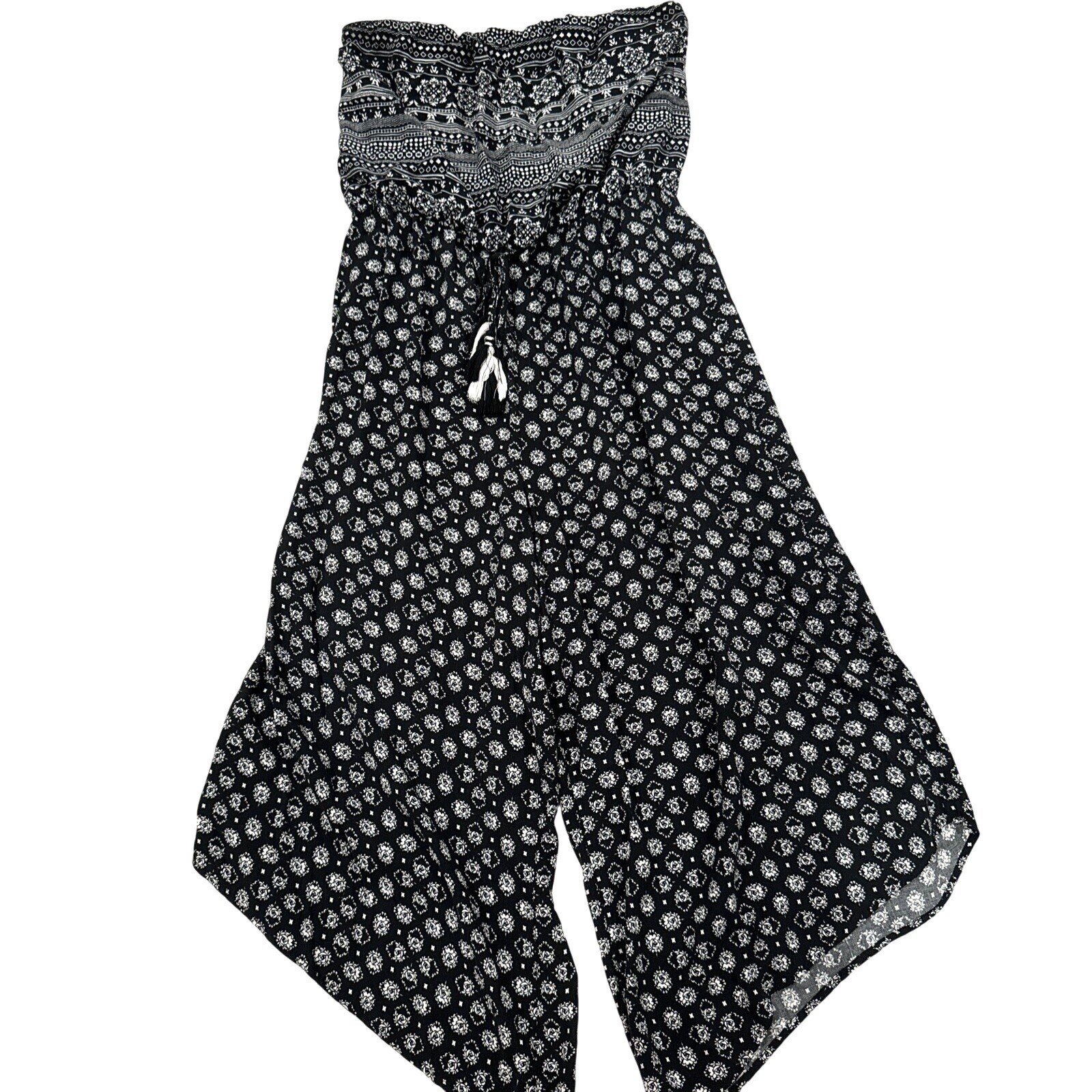 Black & White Strapless Jumpsuit With Drawstring Waist & Boho Print L