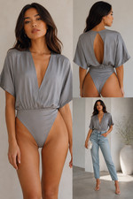 ASTR The Label AT12766 Gray Deep V Bodysuit Dolman Sleeve Small