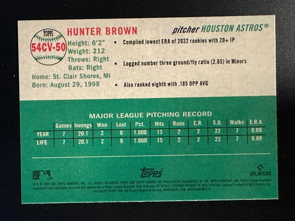 2023 Topps Chrome Platinum Anniversary HUNTER BROWN City Variation RC 54CV-50 - Image 2 of 2