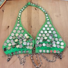 Vtg OOAK Embellished Jantzen Bikini Top, Lime Green, Mirrored Beads, Sz 12