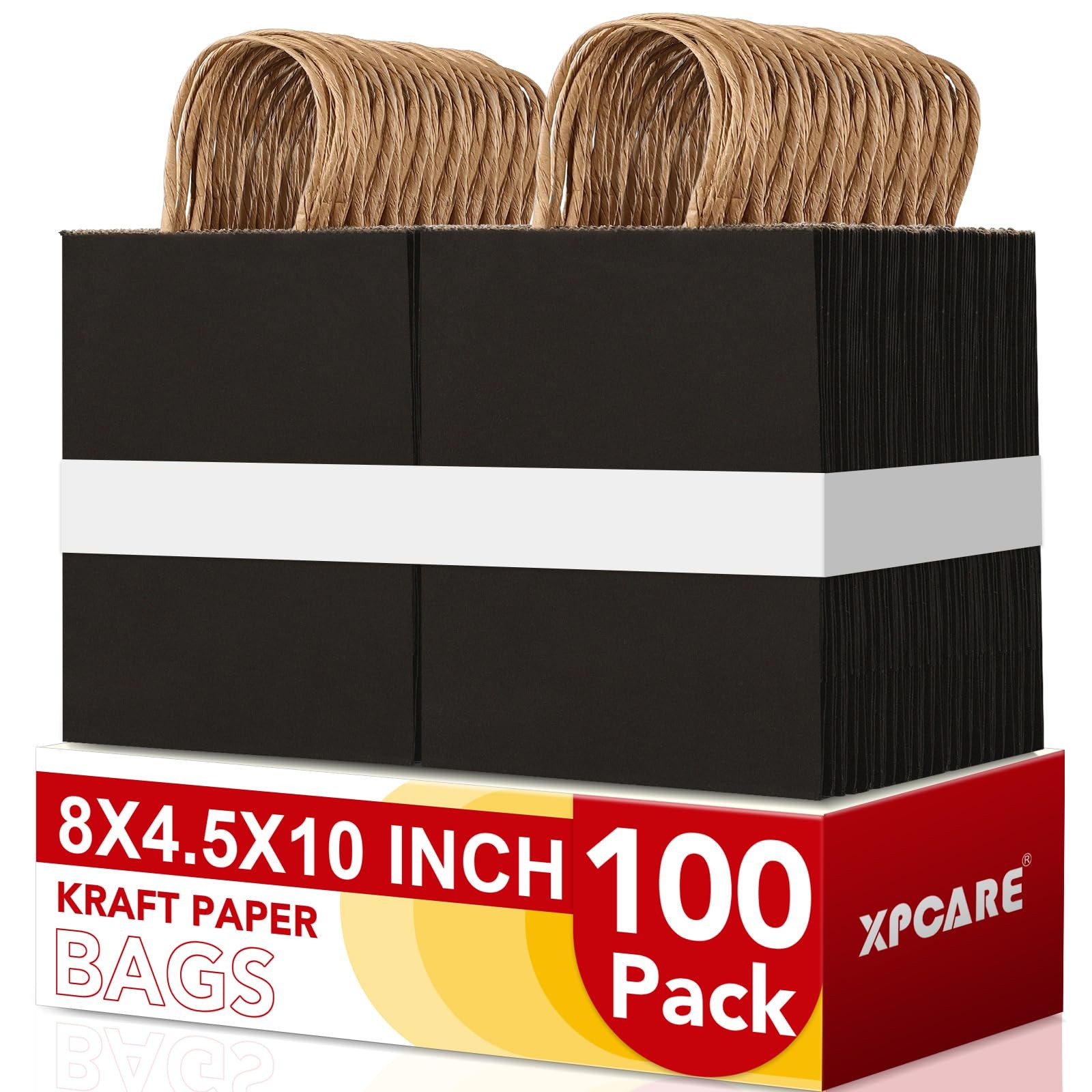 100 Pack Black Paper Bags - 8x4.5x10 Inch, Medium Plain Kraft Paper Bags with...